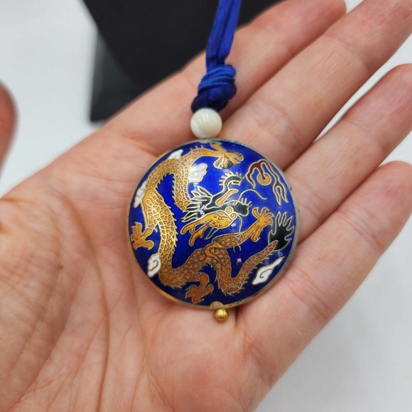 Vintage Dragon Cloisonné Blue Orange Necklace 34" Long Large Pendant - Picture 3 of 5